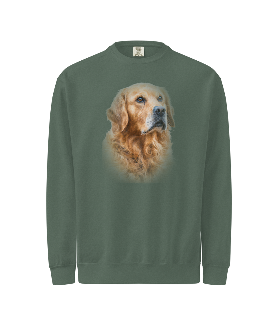 Golden retriever Heirloom portrait printed on a Blue Spruce sweatshirt mockup